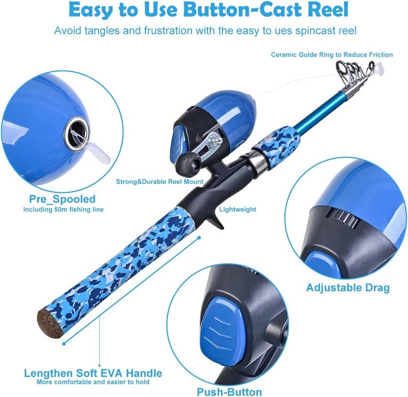 CODEK Kids Fishing Pole Set with Full Starter Kits 2 Set Portable Telescopic Fishing Rod and Spincast Reel Cambos with a Fishing Net and 2 Buckets for Boys Girls and Youth - Image 2